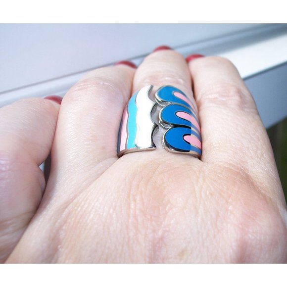 STAINLESS STEEL Open Front Epoxy Wave Ring - Picture 4 of 16